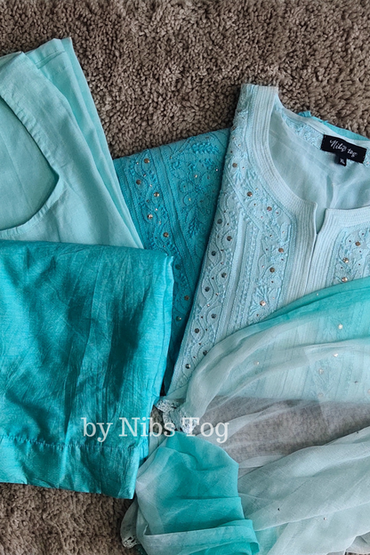Ombre Sea Green Chikankari Kurta Set with Dupatta