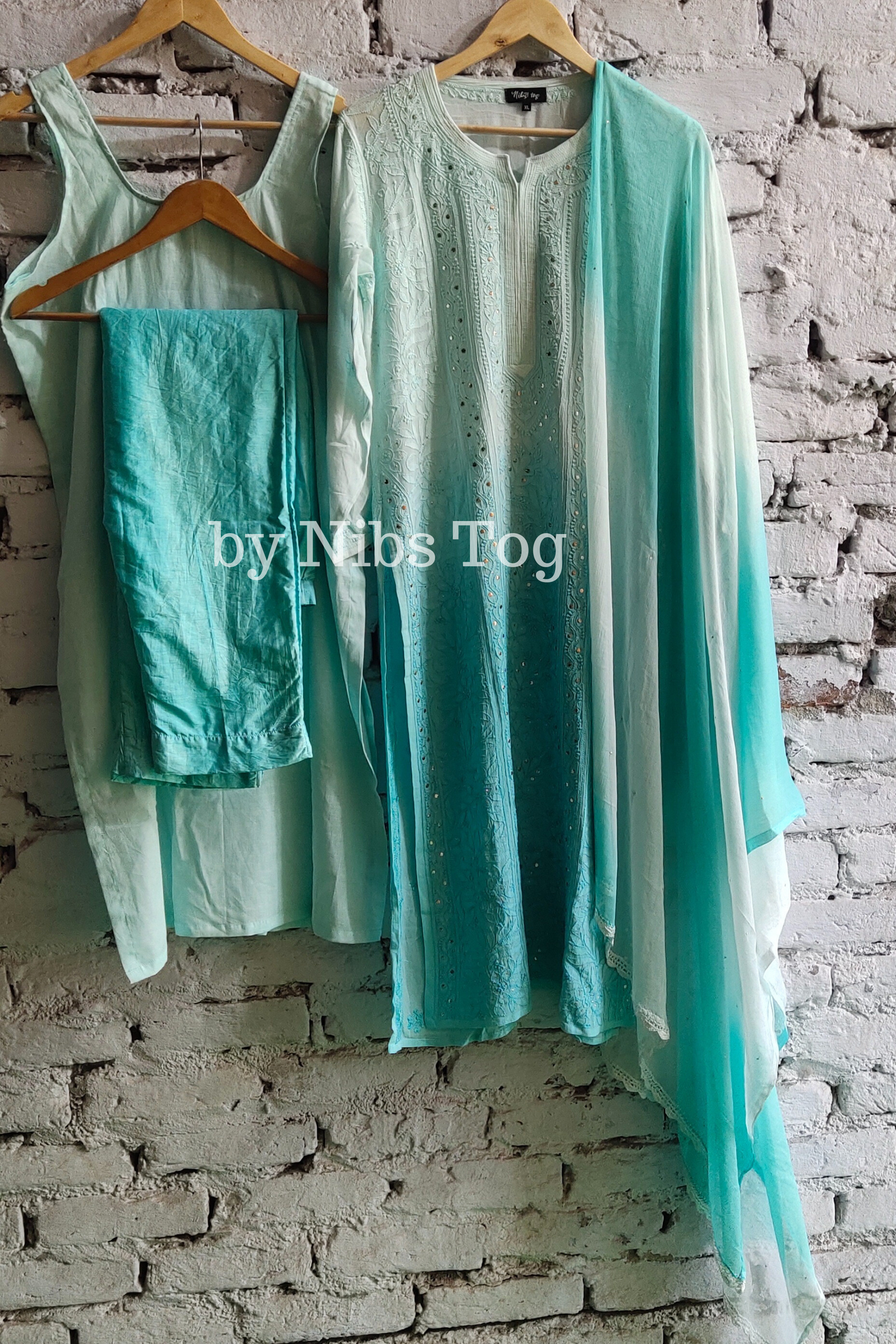 Ombre Sea Green Chikankari Kurta Set with Dupatta