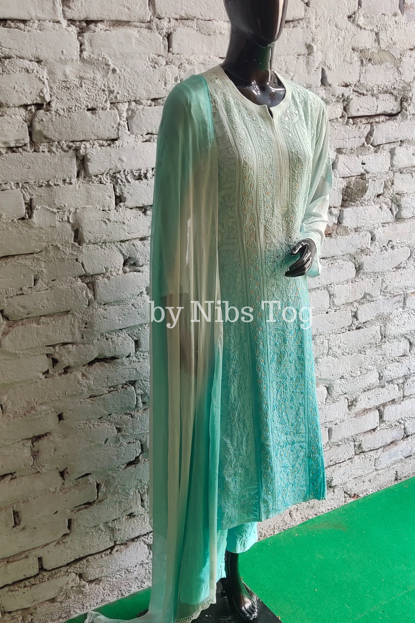 Ombre Sea Green Chikankari Kurta Set with Dupatta