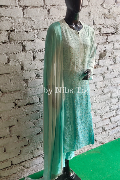 Ombre Sea Green Chikankari Kurta Set with Dupatta