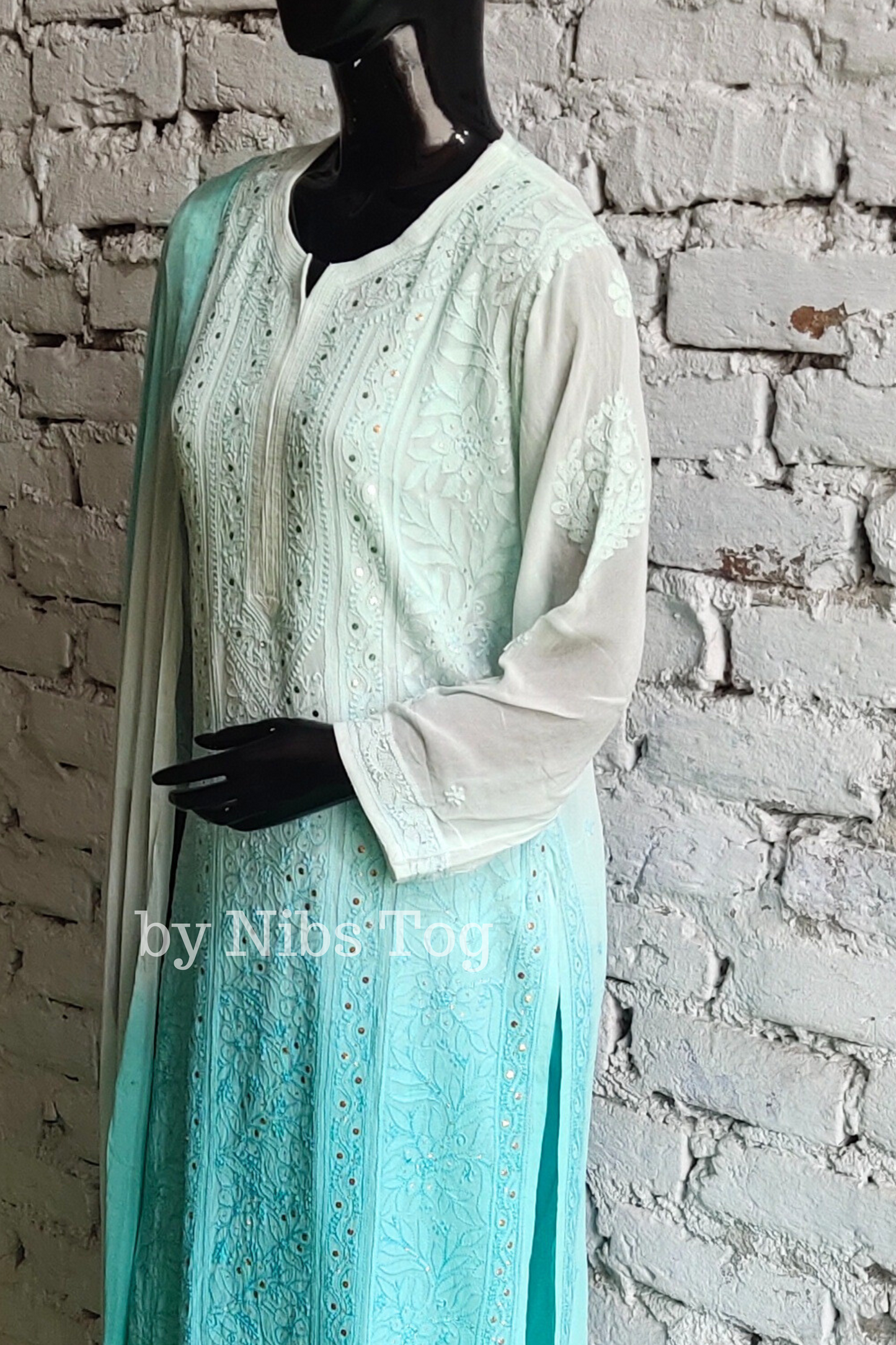 Ombre Sea Green Chikankari Kurta Set with Dupatta