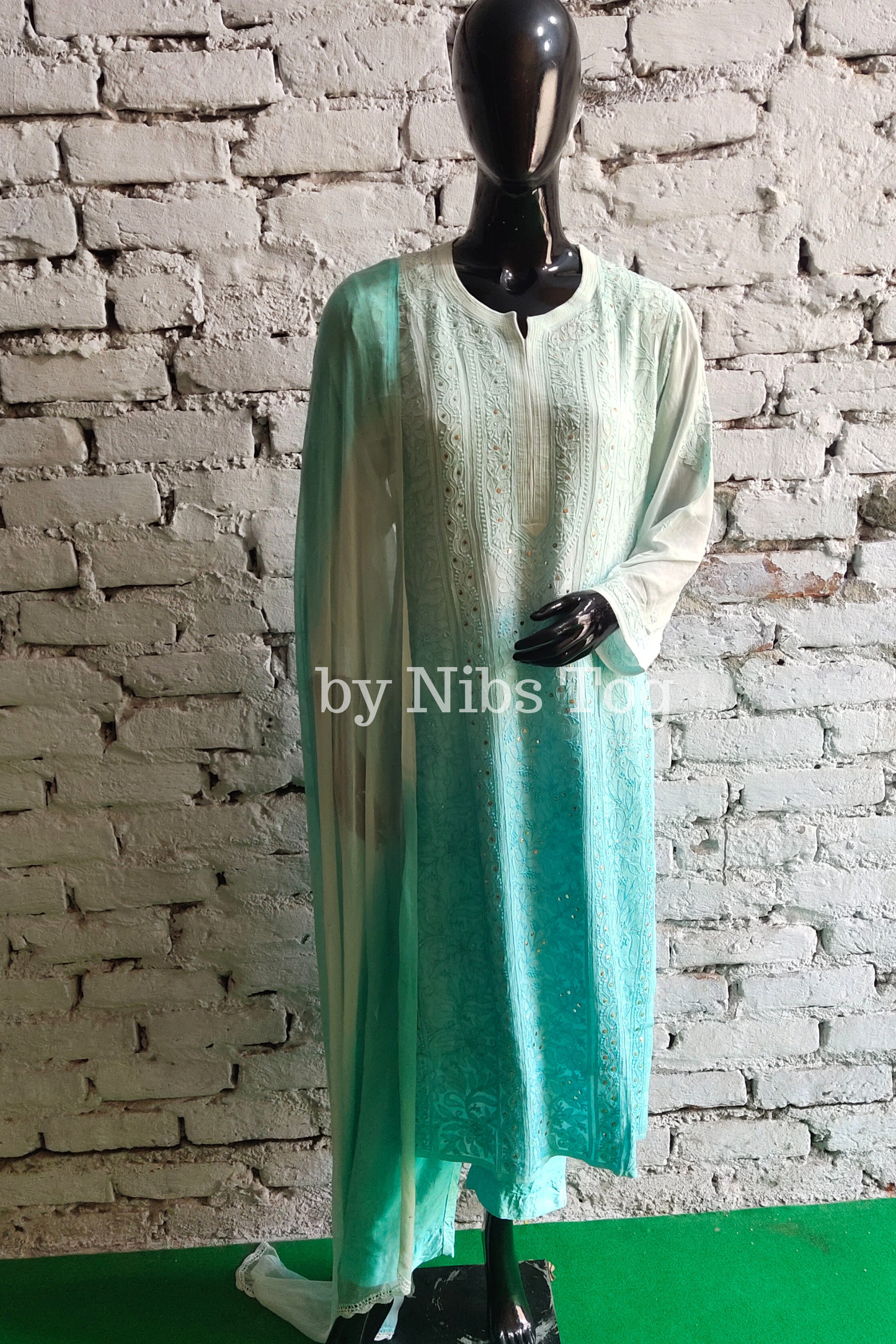 Ombre Sea Green Chikankari Kurta Set with Dupatta