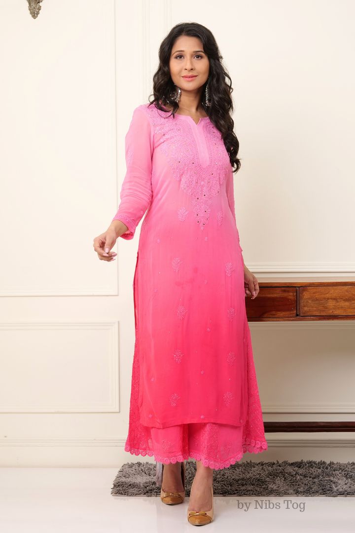 Ombre Pink Noor Chikankari Kurta Palazzo Set with Dupatta