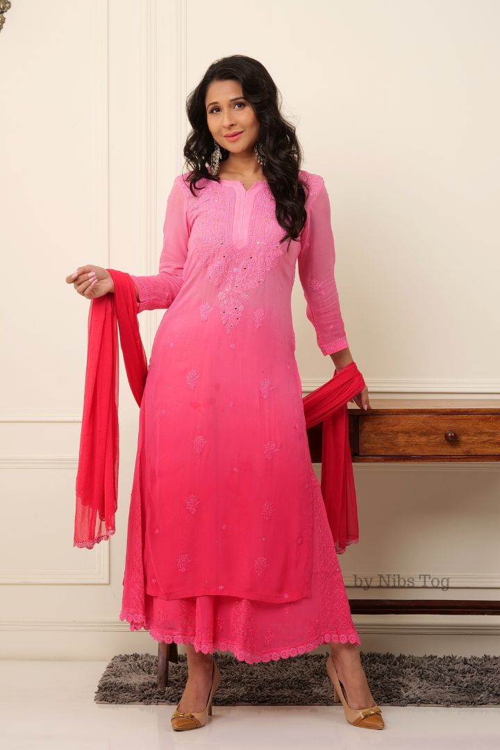 Ombre Pink Noor Chikankari Kurta Palazzo Set with Dupatta