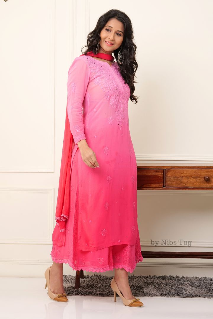 Ombre Pink Noor Chikankari Kurta Palazzo Set with Dupatta