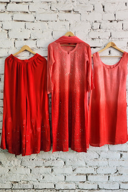 Shahista Ombre Red Chikankari Kurta Palazzo Set with Dupatta