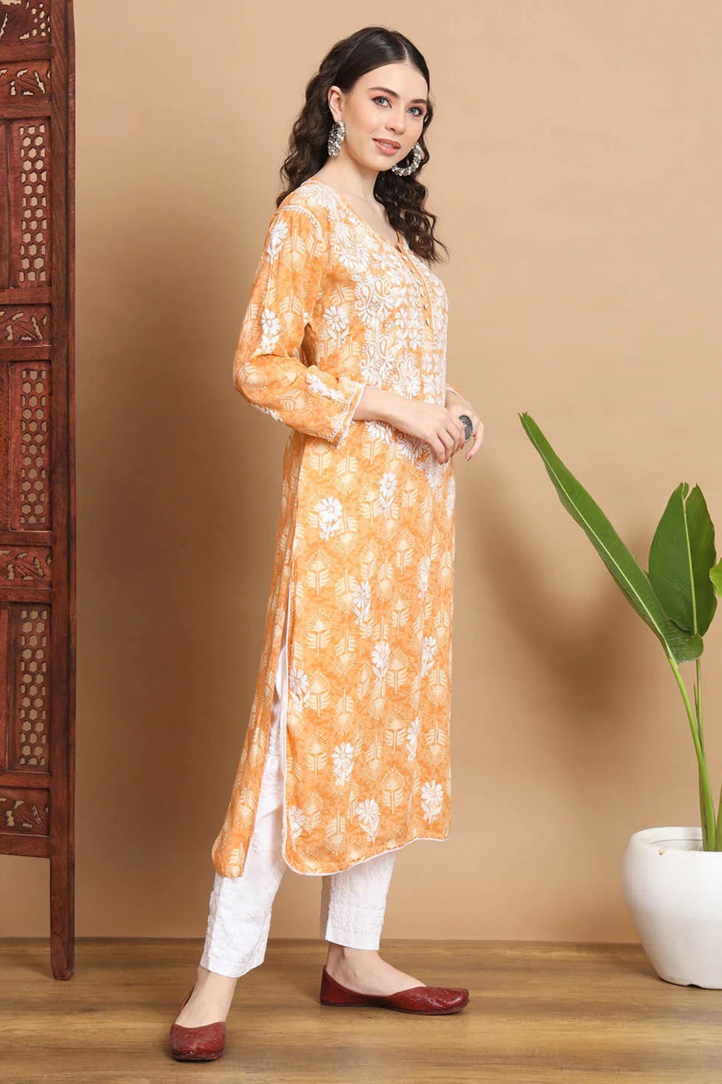 Peach Anisa Modal Cotton Chikankari Kurta Floral Printed