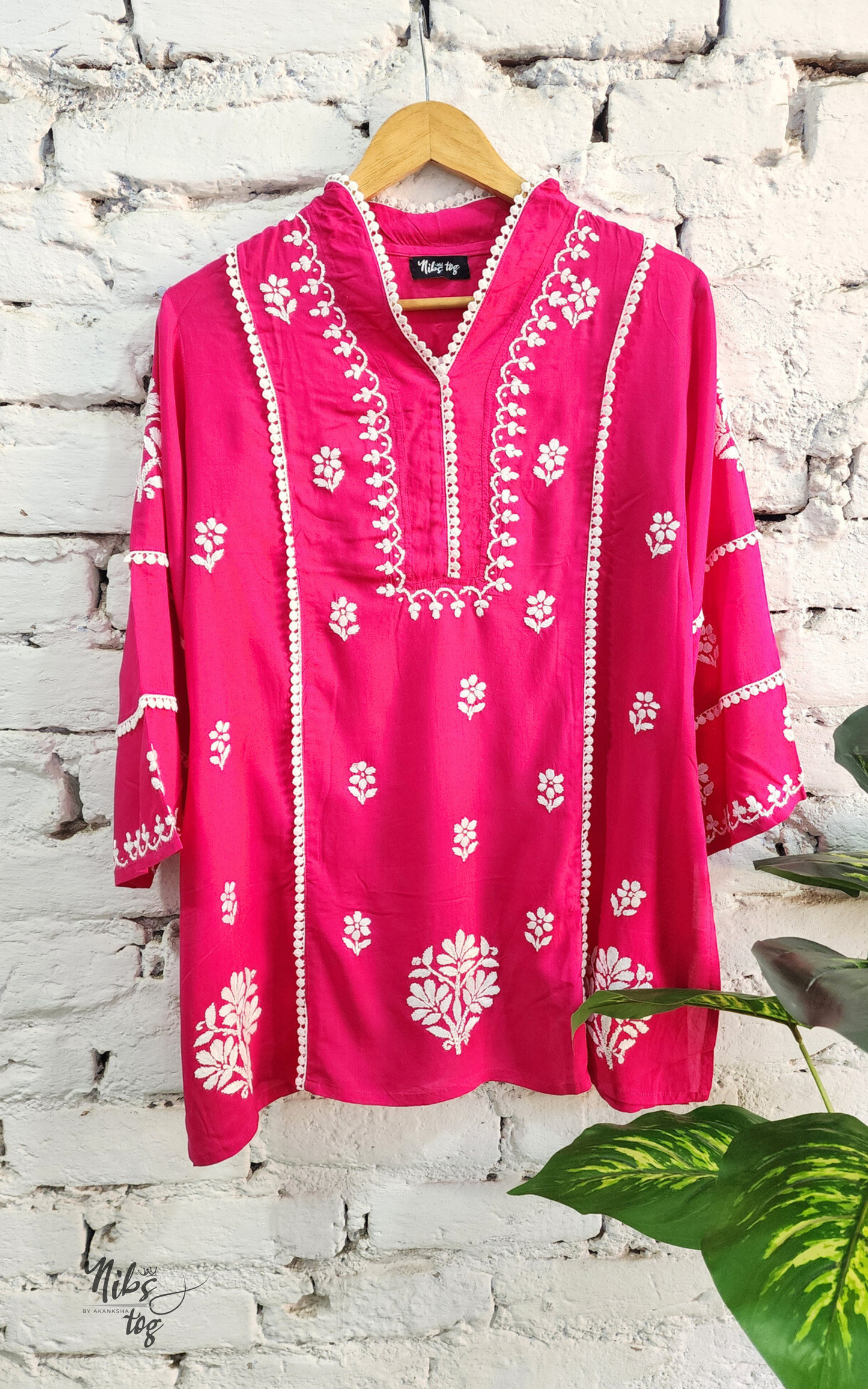 Pink Hania Modal Cotton Chikankari Short Kurta