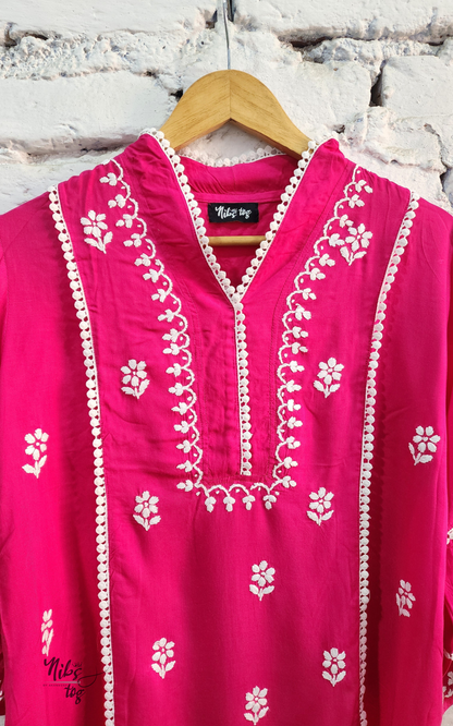 Pink Hania Modal Cotton Chikankari Short Kurta