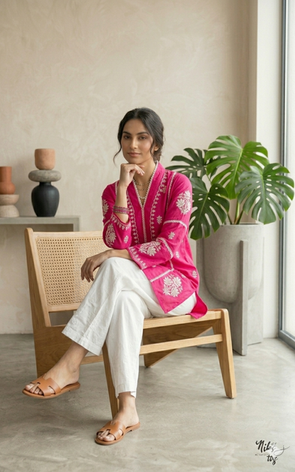 Pink Hania Modal Cotton Chikankari Short Kurta