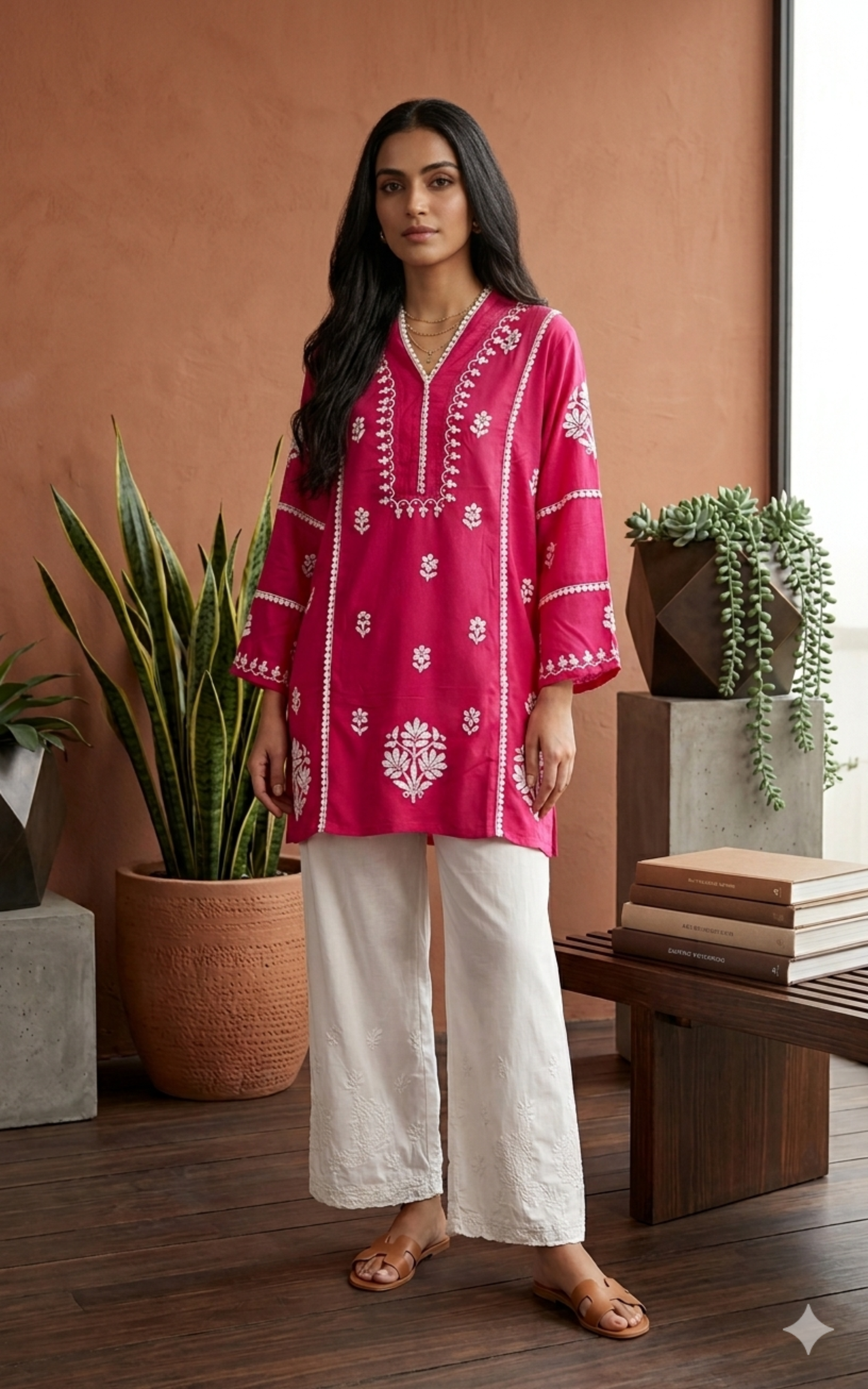 Pink Hania Modal Cotton Chikankari Short Kurta