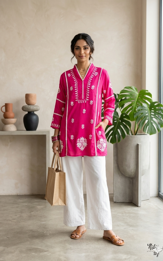 Pink Hania Modal Cotton Chikankari Short Kurta
