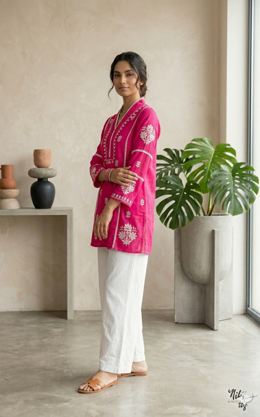 Pink Hania Modal Cotton Chikankari Short Kurta