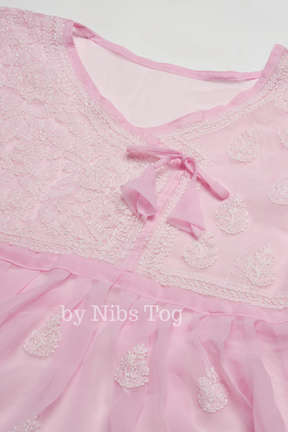 Angrakha Style Chikankari Short Kurta Georgette Baby Pink with Camisole