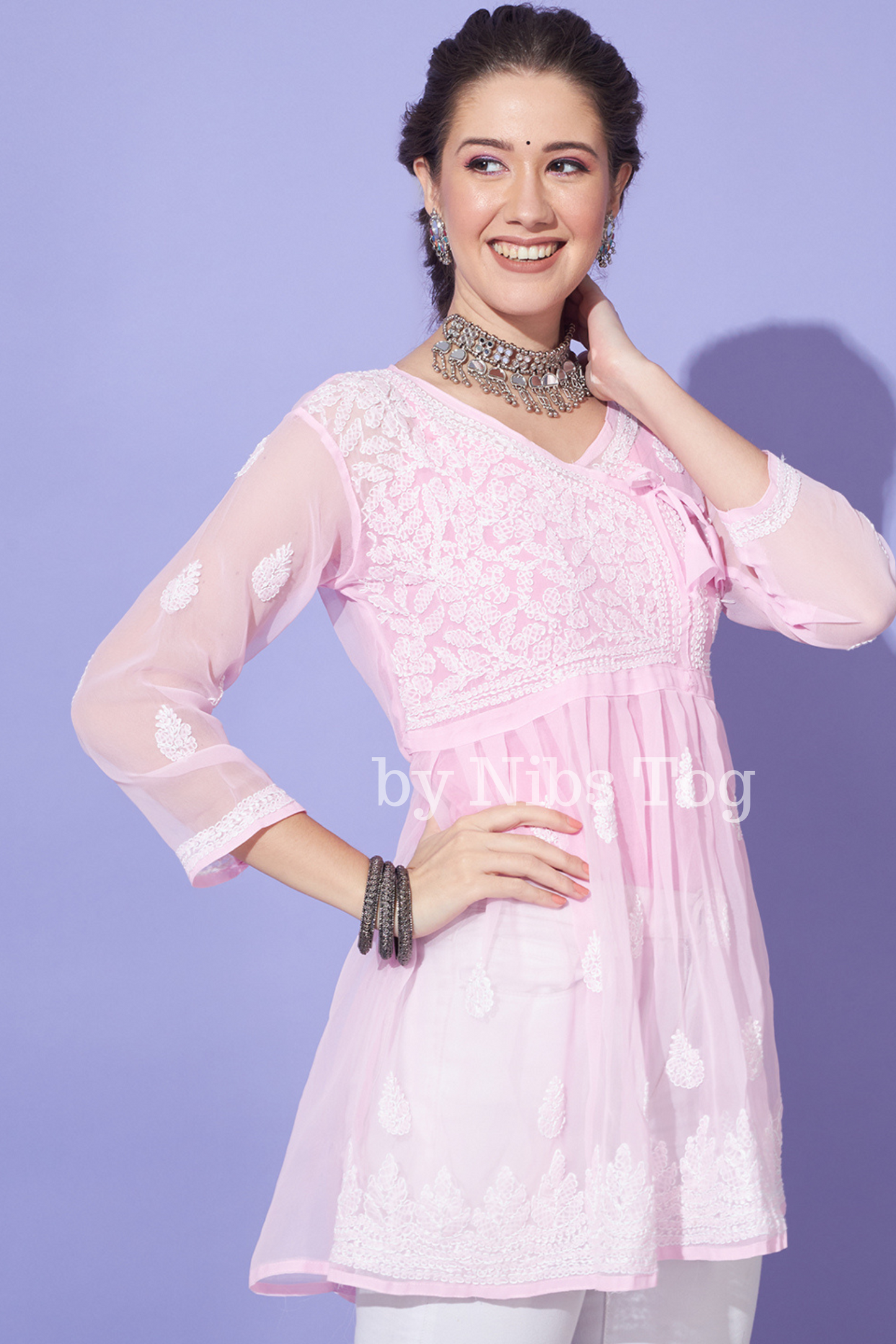 Angrakha Style Chikankari Short Kurta Georgette Baby Pink with Camisole