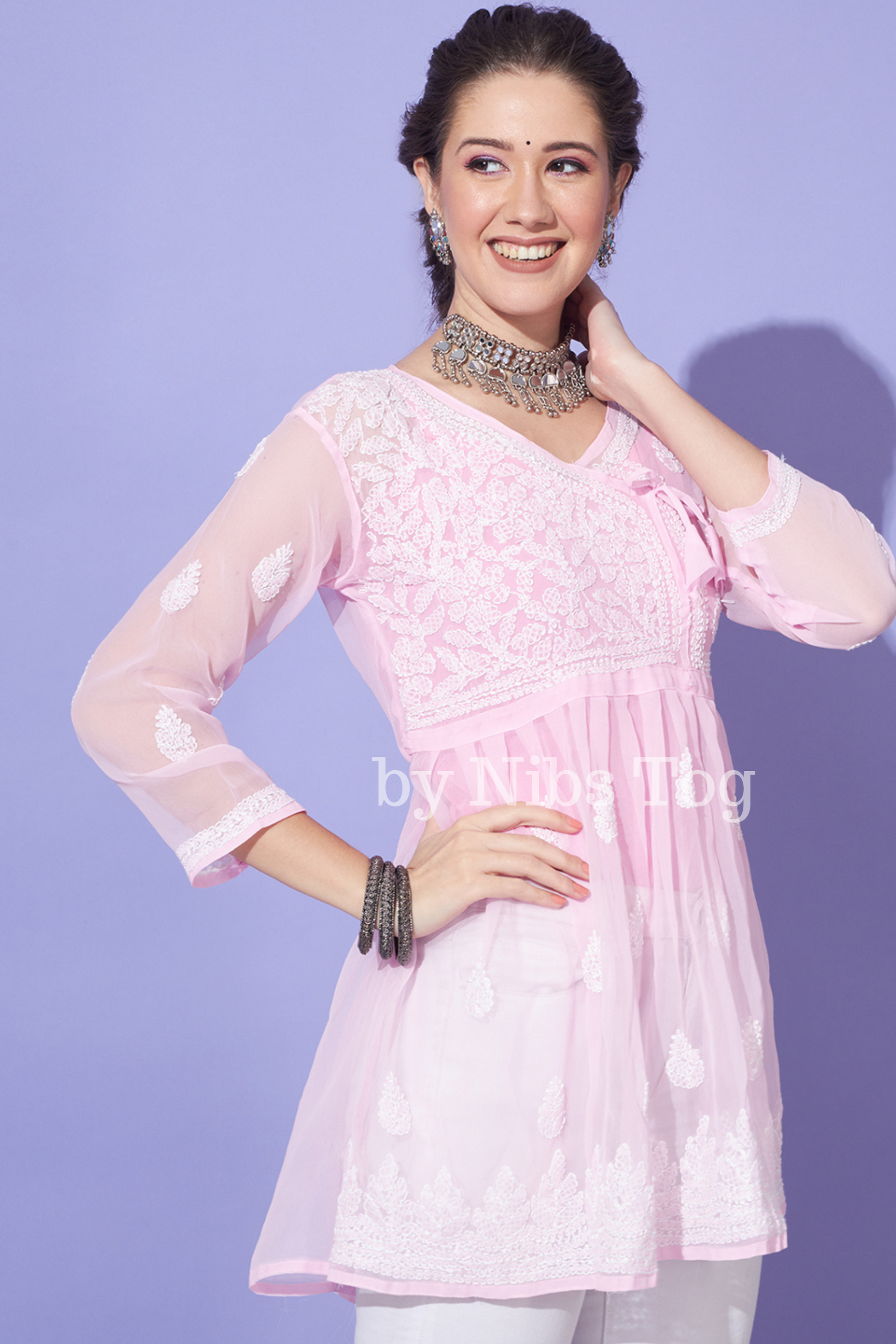 Buy Angrakha Style Chikankari Short Kurta Georgette Baby Pink