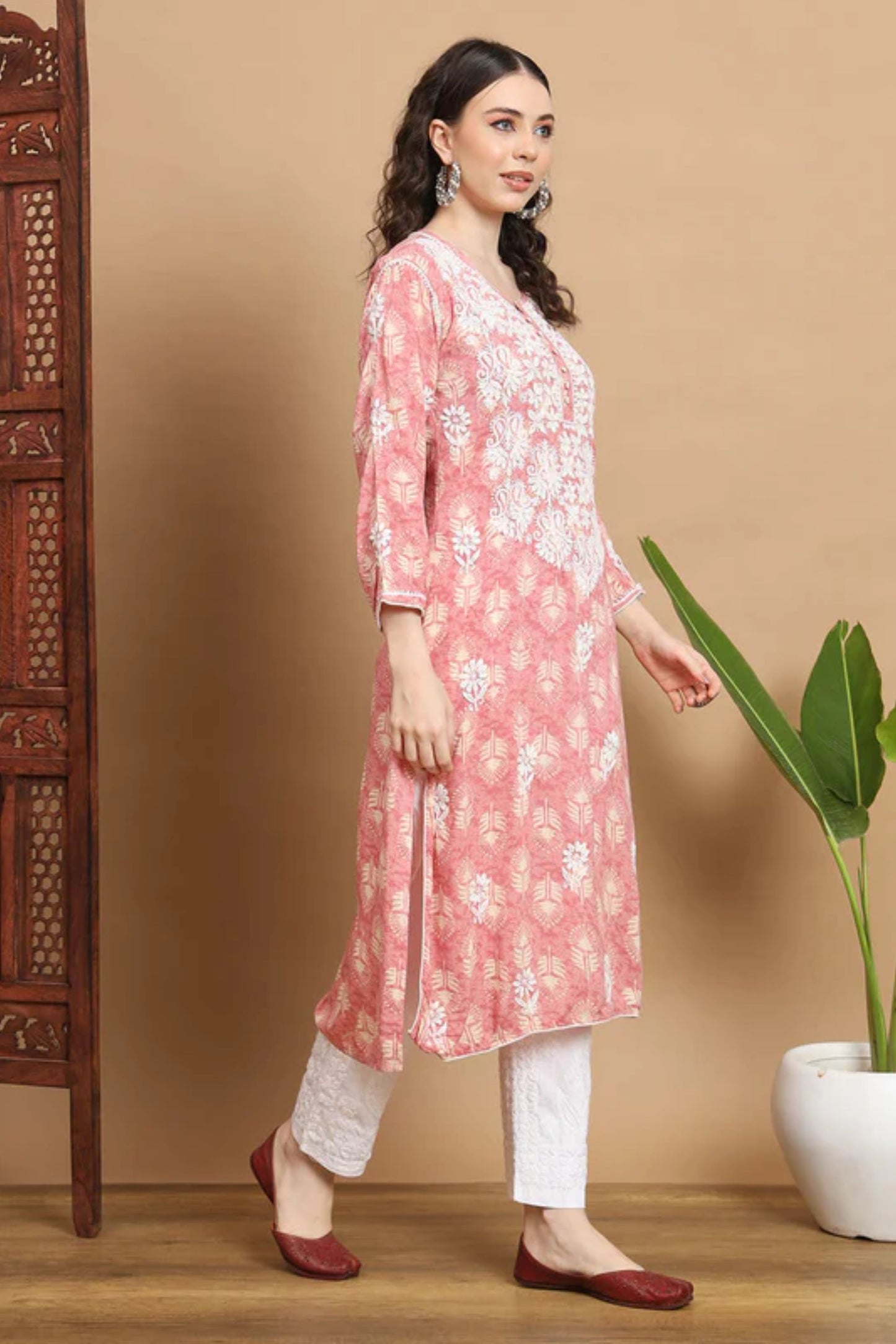 Pink Anisa Modal Cotton Chikankari Kurta Floral Printed
