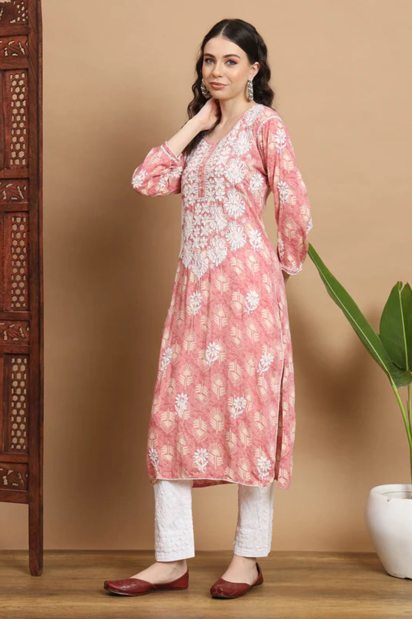 Pink Anisa Modal Cotton Chikankari Kurta Floral Printed