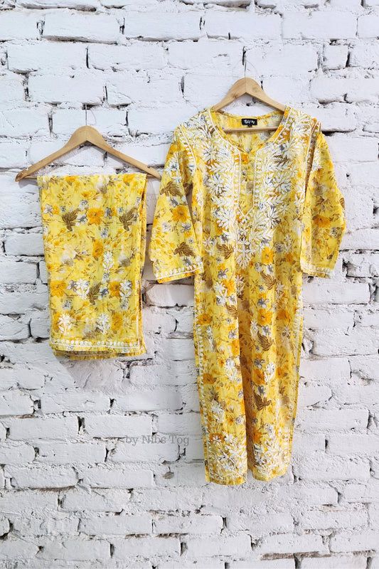 Meer Printed Cotton Chikankari Kurta Palazzo Set