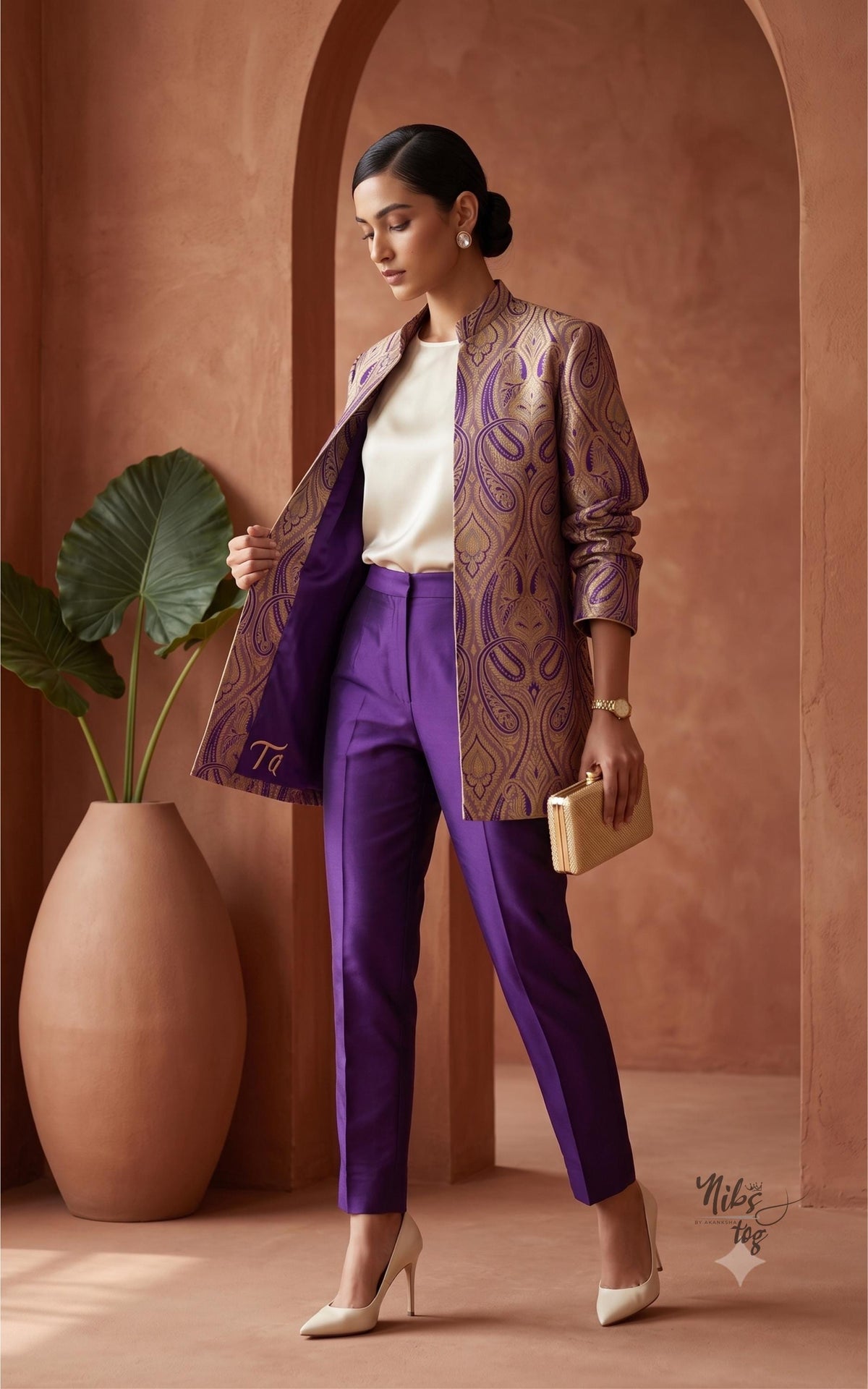 Purple and gold personalized Banarasi brocade jacket — image 1