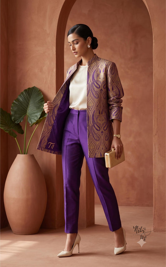 Purple and gold personalized Banarasi brocade jacket — image 1