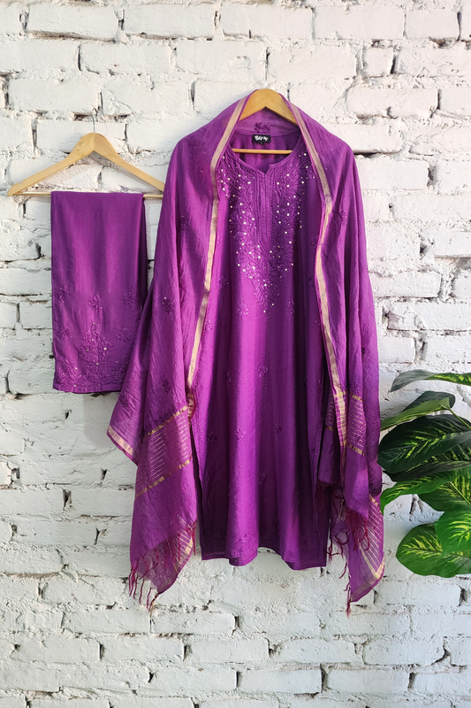 Purple Silk Chikankari Kurta Set with Dupatta