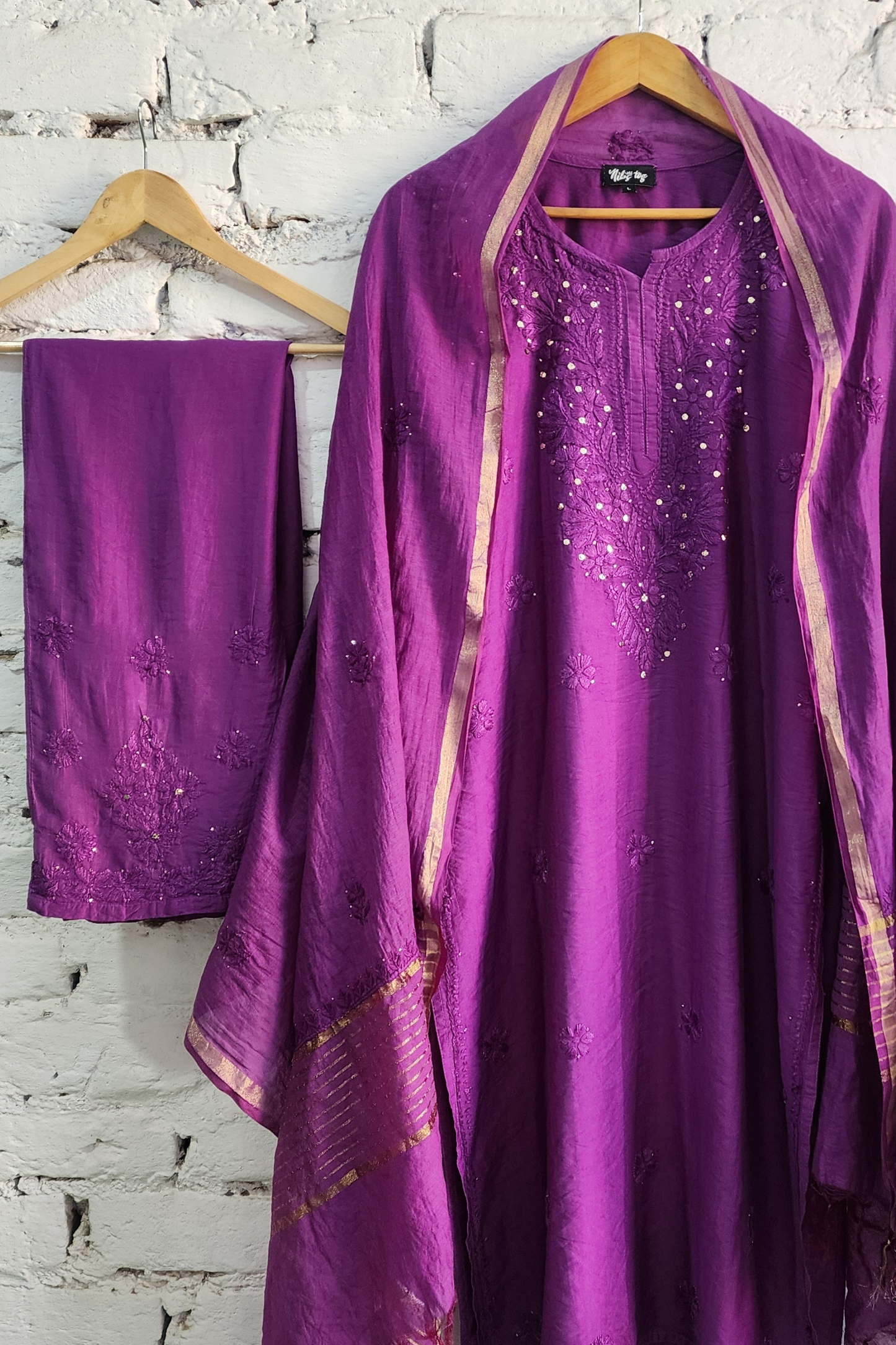 Purple Silk Chikankari Kurta Set with Dupatta