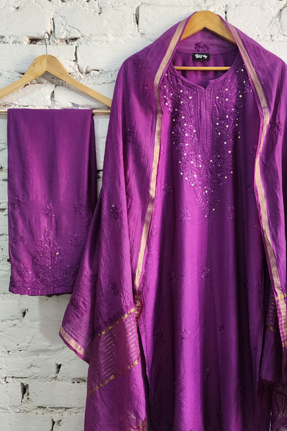 Purple Silk Chikankari Kurta Set with Dupatta