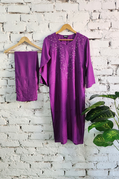 Purple Silk Chikankari Kurta Set with Dupatta