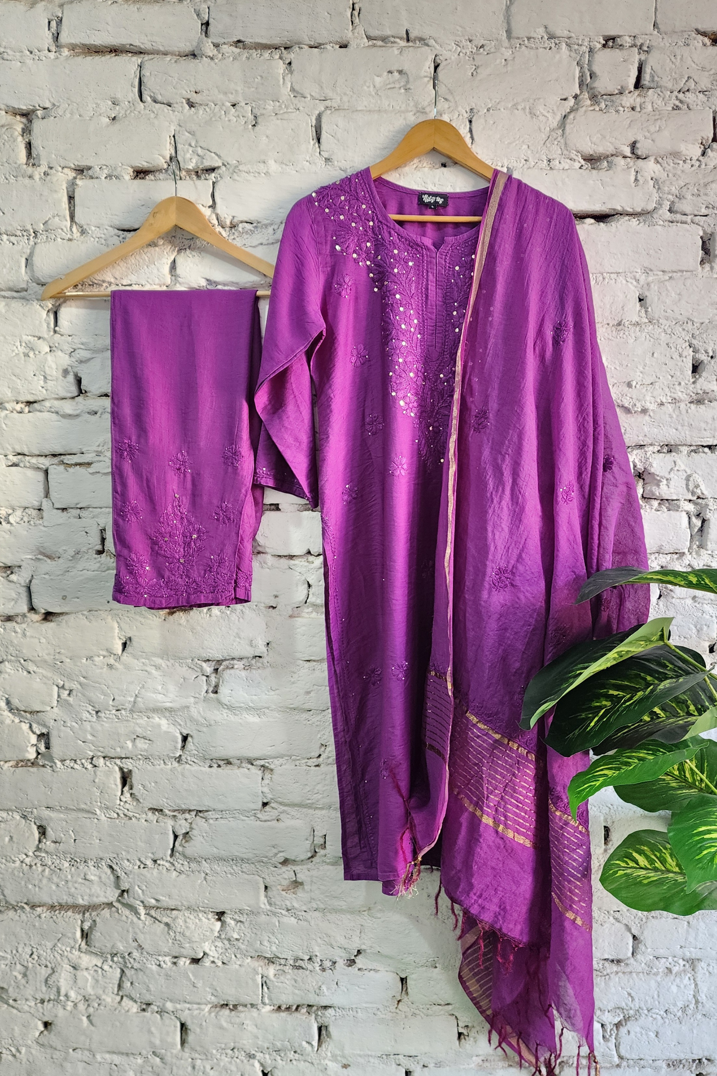 Purple Silk Chikankari Kurta Set with Dupatta