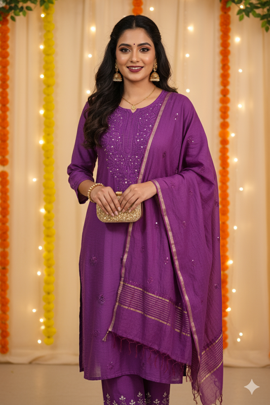 Purple Silk Chikankari Kurta Set with Dupatta