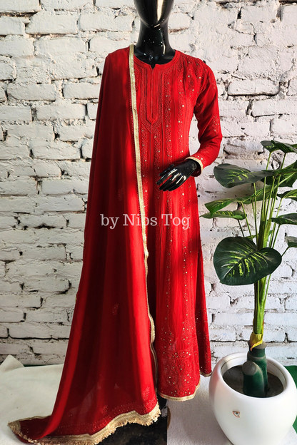 Deep Red Chikankari Mukaish Anarkali Suit
