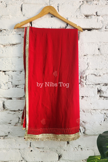 Deep Red Chikankari Mukaish Anarkali Suit