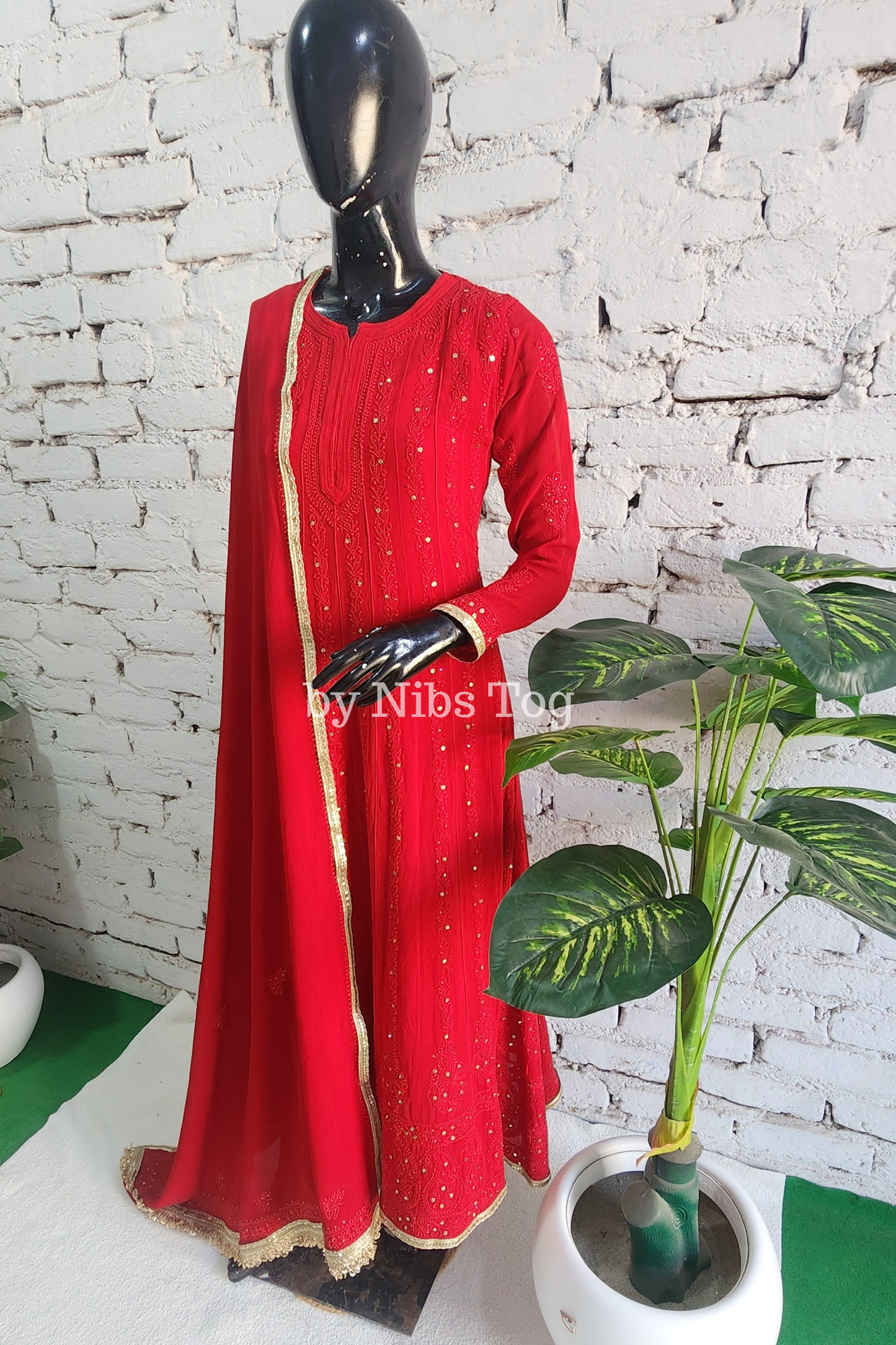 Deep Red Chikankari Mukaish Anarkali Suit