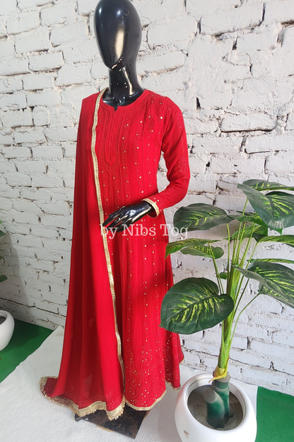 Deep Red Chikankari Mukaish Anarkali Suit