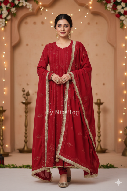 Deep Red Chikankari Mukaish Anarkali Suit