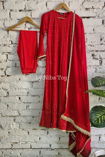 Deep Red Chikankari Mukaish Anarkali Suit