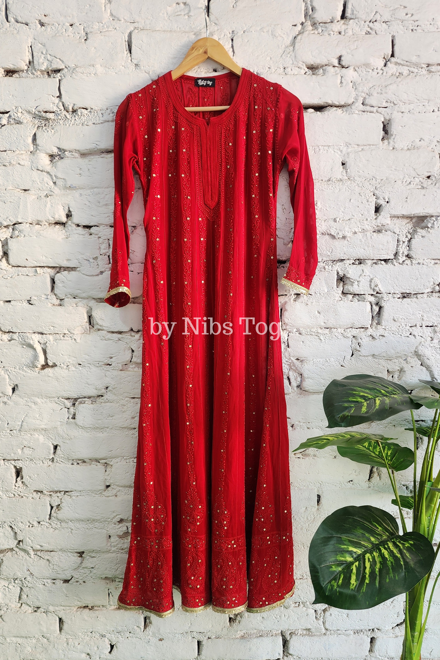 Deep Red Chikankari Mukaish Anarkali Suit