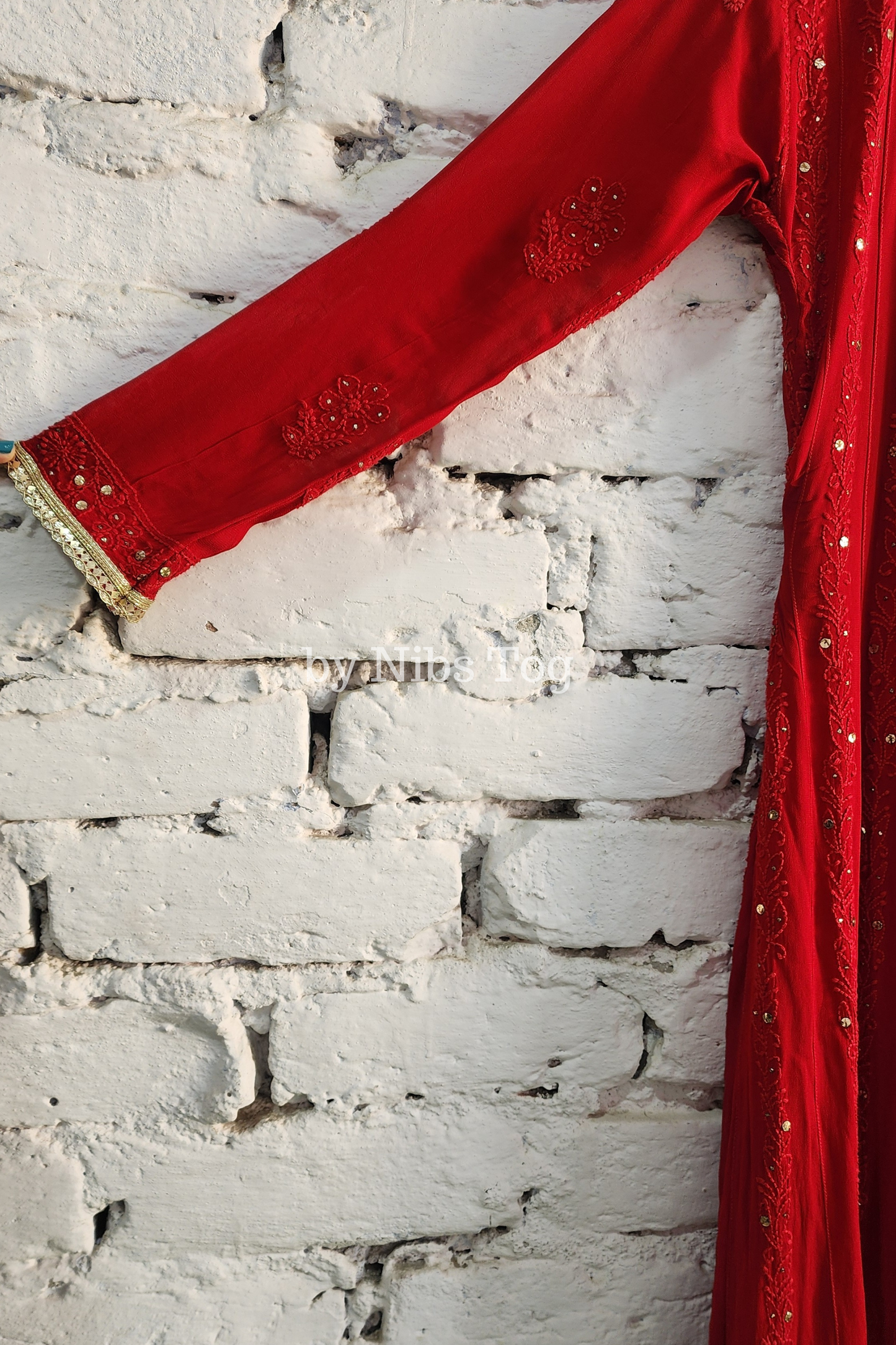 Deep Red Chikankari Mukaish Anarkali Suit