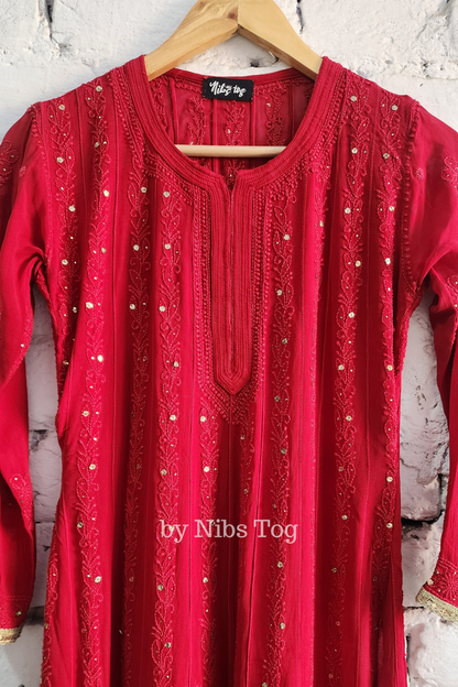 Deep Red Chikankari Mukaish Anarkali Suit