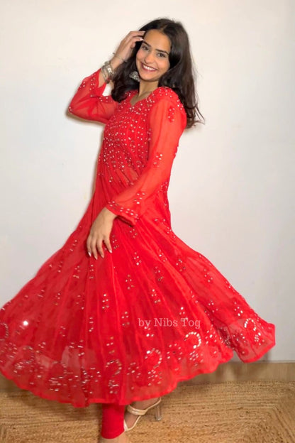 56 kali Chikankari Anarkali Suit with Mirror Work