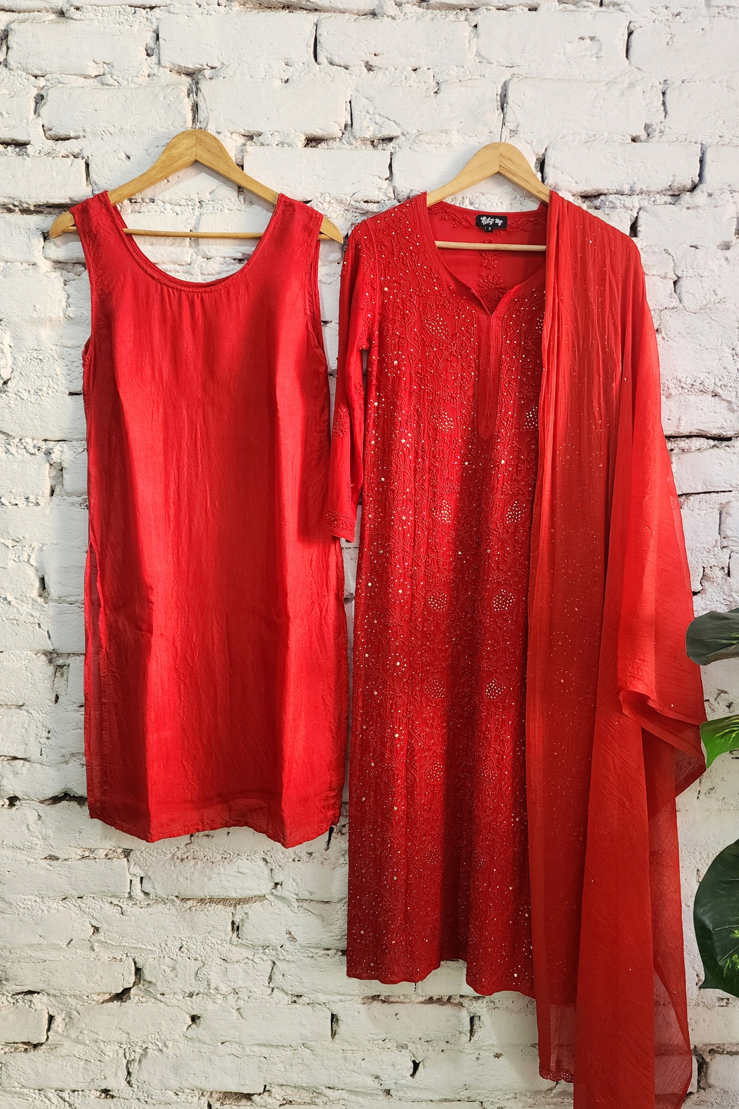 Red Chikankari Kurta Palazzo Set with Dupatta