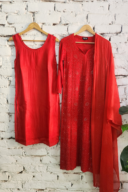Red Chikankari Kurta Palazzo Set with Dupatta