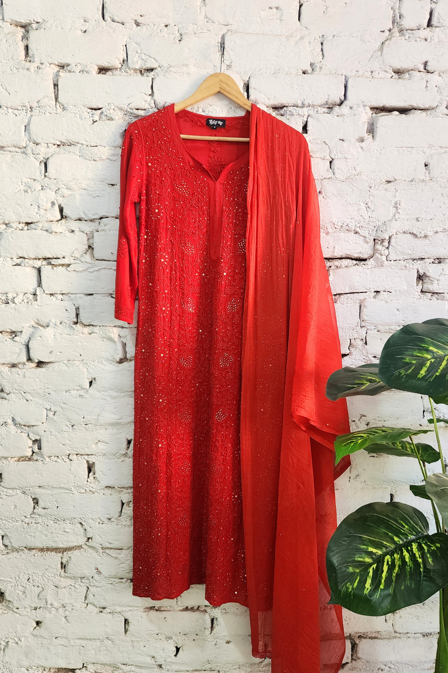 Red Chikankari Kurta Palazzo Set with Dupatta