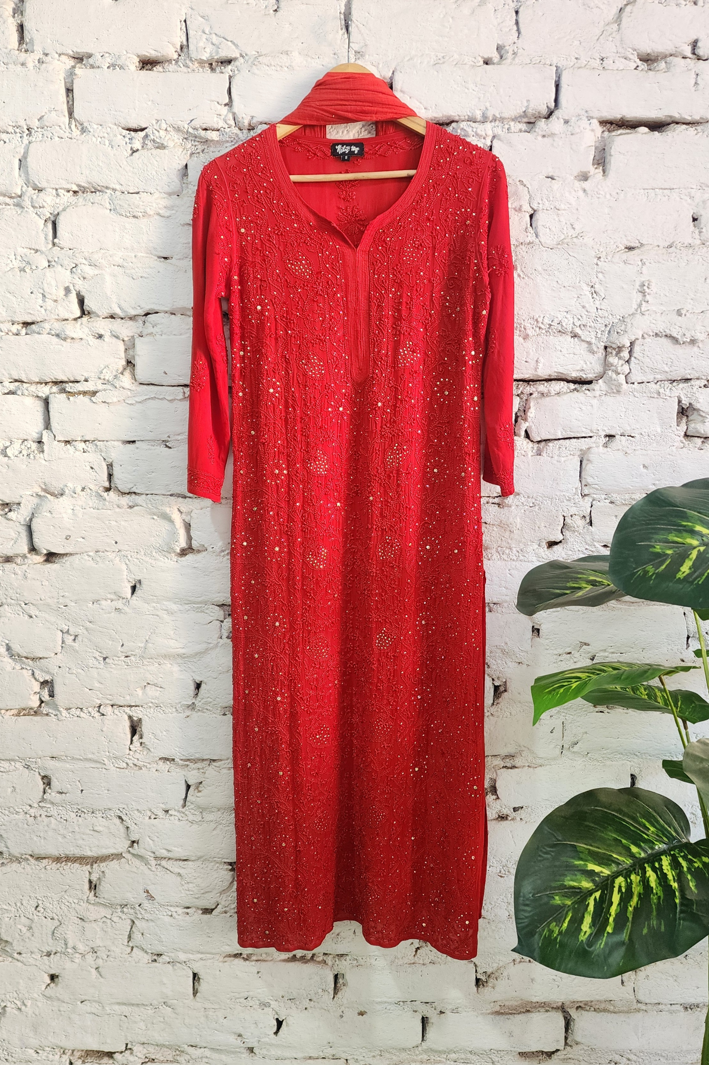 Red Chikankari Kurta Palazzo Set with Dupatta