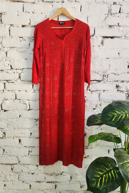 Red Chikankari Kurta Palazzo Set with Dupatta