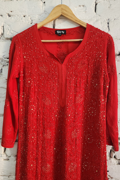 Red Chikankari Kurta Palazzo Set with Dupatta
