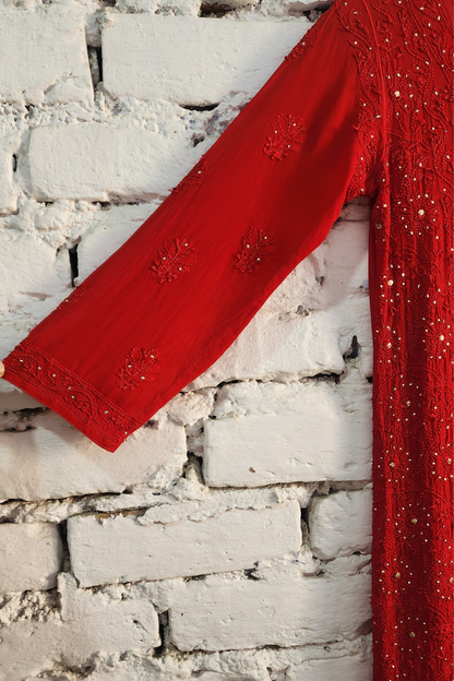 Red Chikankari Kurta Palazzo Set with Dupatta