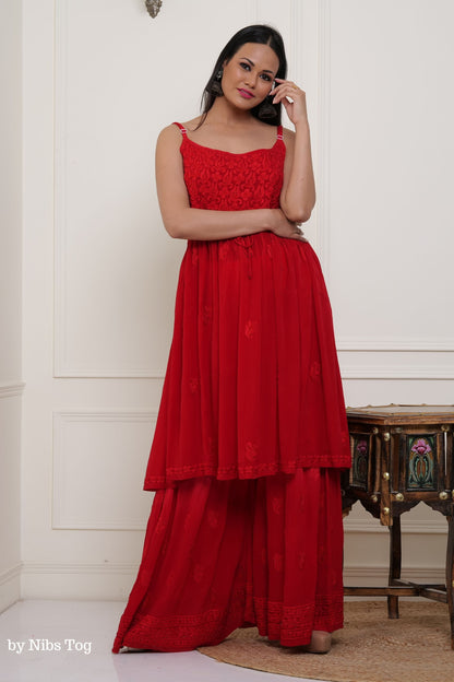Red Hoor Strappy Chikankari Kurta Garara Set