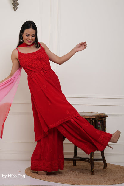 Red Hoor Strappy Chikankari Kurta Garara Set